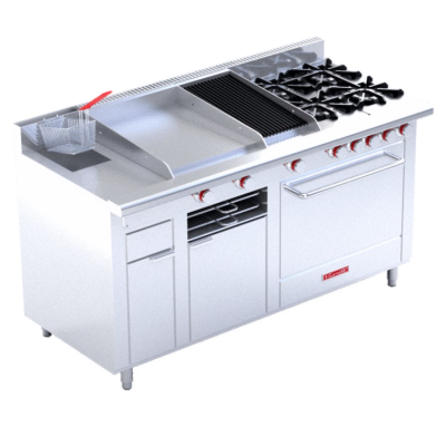 MULTIPLE TURBO DE PISO MASTER CORIAT ESTUFA A GAS 4 QUEMADORES, 1 ASADOR, 1 PLANCHA, 1 GRATINADOR, 1 FREIDORA Y 1 HORNO