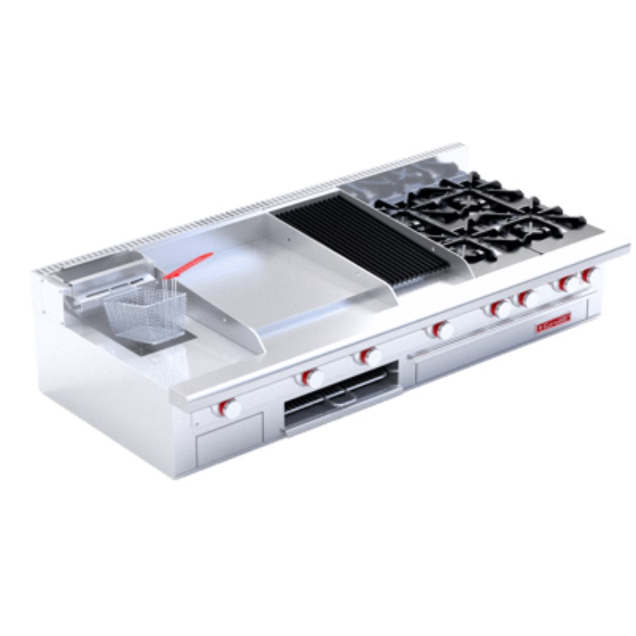 MULTIPLE DE MESA MASTER CORIAT ESTUFA A GAS 4 QUEMADORES, 1 ASADOR, 1 PLANCHA, 1 GRATINADOR Y FREIDORA