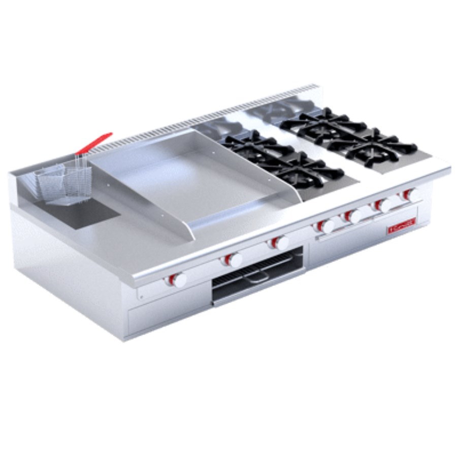 MULTICHEF DE MESA MASTER CORIAT ESTUFA A GAS 4 QUEMADORES, 1 PLANCHA, 1 GRATINADOR, 1 FREIDORA