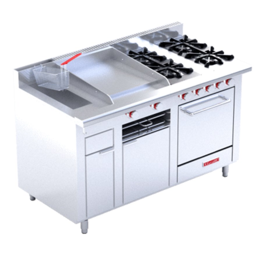 MULTICHEF TURBO DE PISO MASTER CORIAT ESTUFA A GAS 4 QUEMADORES, 1 PLANCHA, 1 GRATINADOR, 1 FREIDORA 1 HORNO