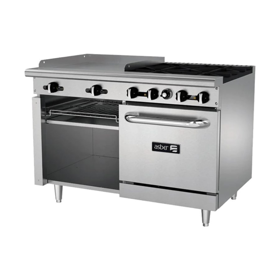 AEMR-G24-B4-48-H ASBER ESTUFA MULTIPLE 4 QUEMADORES PLANCHA, HORNO Y GRATINADOR