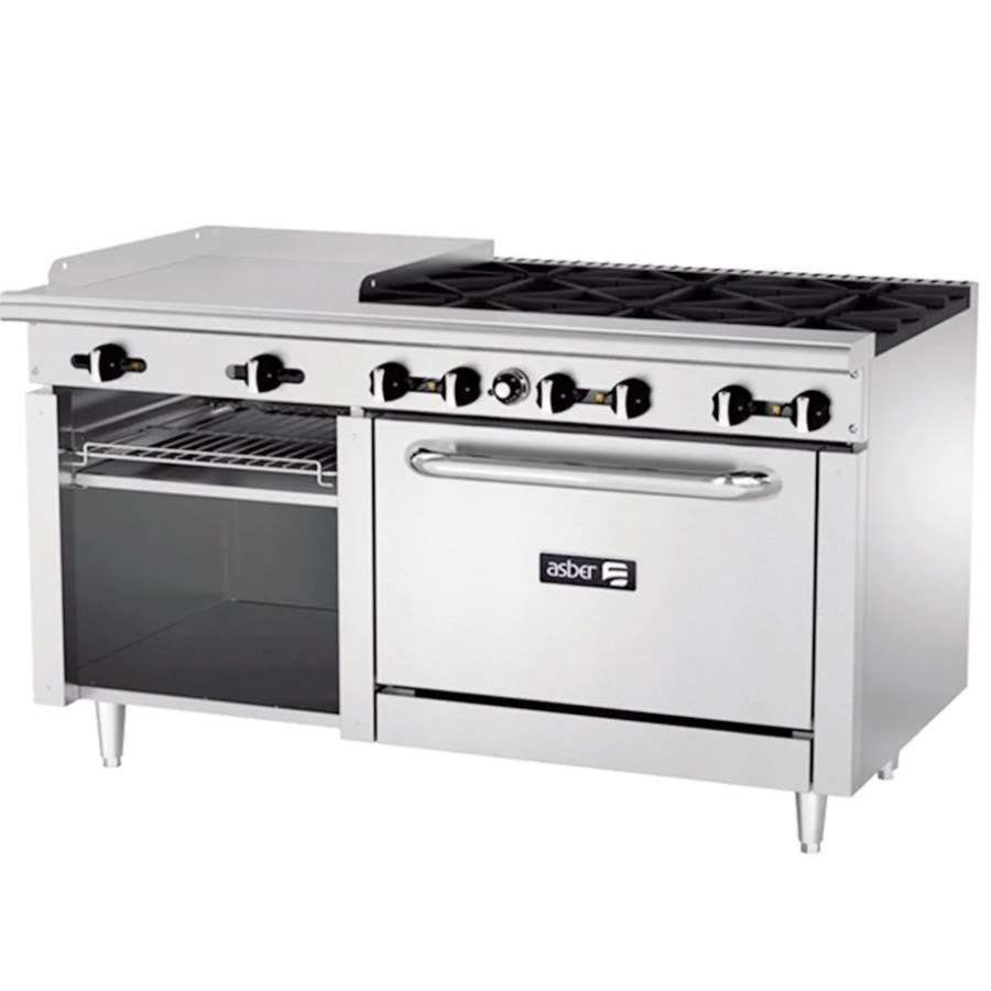 AEMR-G24-B6-60-H ASBER ESTUFA MULTIPLE 6 QUEMADORES, PLANCHA, HORNO Y GRATINADOR