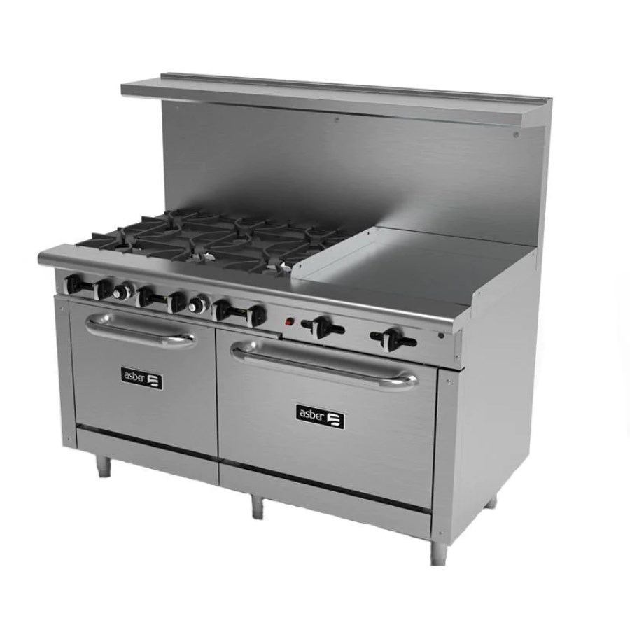 AEMR-2-G24-B6-60-H ASBER ESTUFA 6 FUEGOS ABIERTOS PLANCHA Y 2 HORNOS